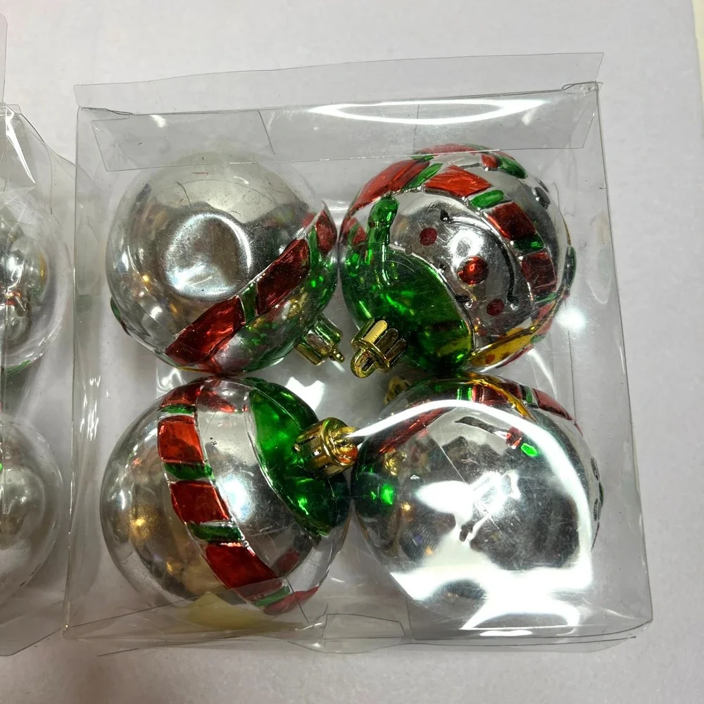 Hand Painted Snowman Christmas Ornaments Metallic Plastic Set of 8 Vintage Style